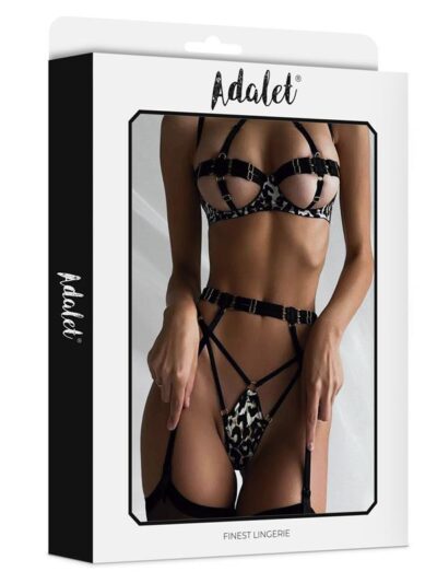 Lily Set Sujetador, Tanga, Liguero y Ligas Estampado Leopardo