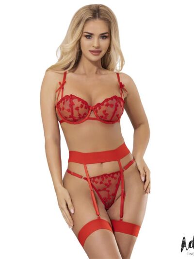 Yvonne Set Sujetador, Tanga y Liguero con Corazones Rojo